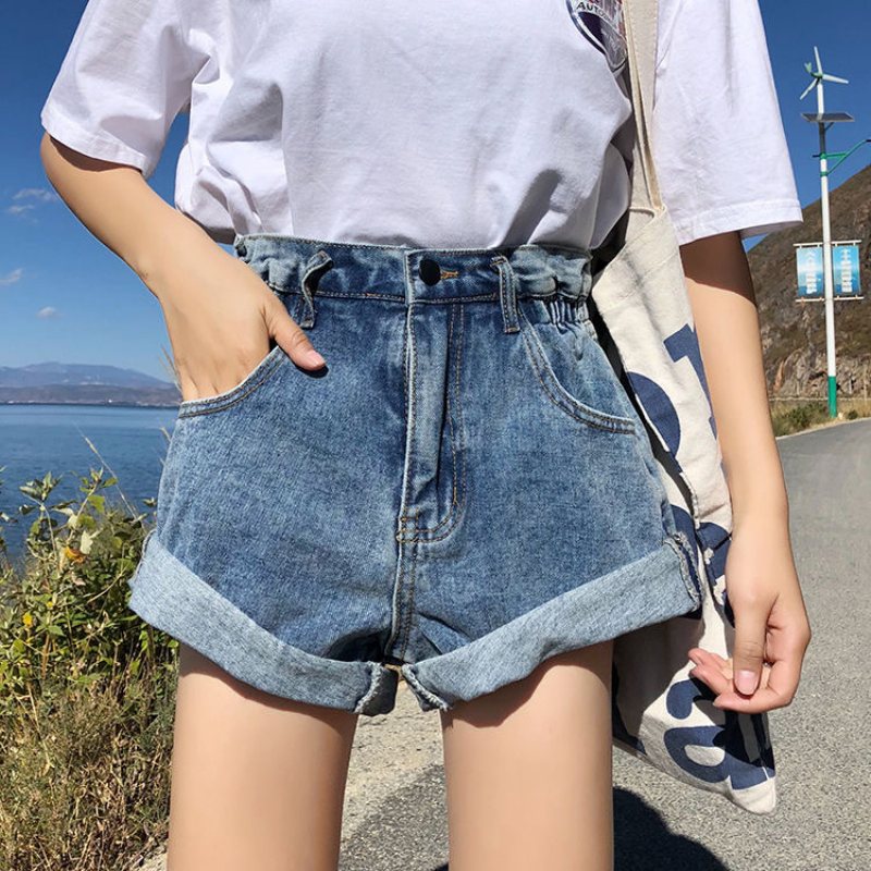 Hög Midja Dam Jeansshorts Lösa Breda Ben Casual