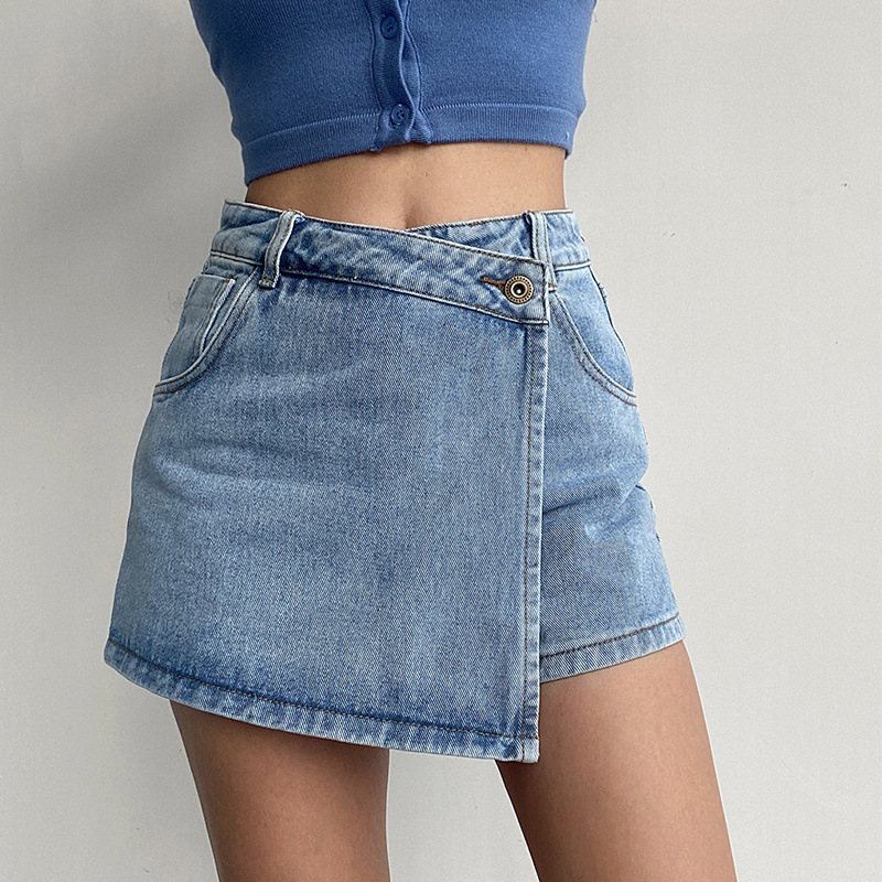 Hög Midja Jeansshorts Dam Ljus Färg Falska Tvådelade Temperament