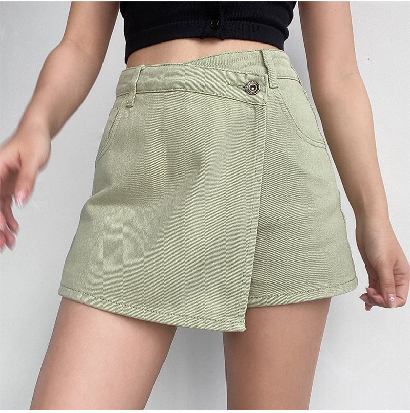 Hög Midja Jeansshorts Dam Ljus Färg Falska Tvådelade Temperament