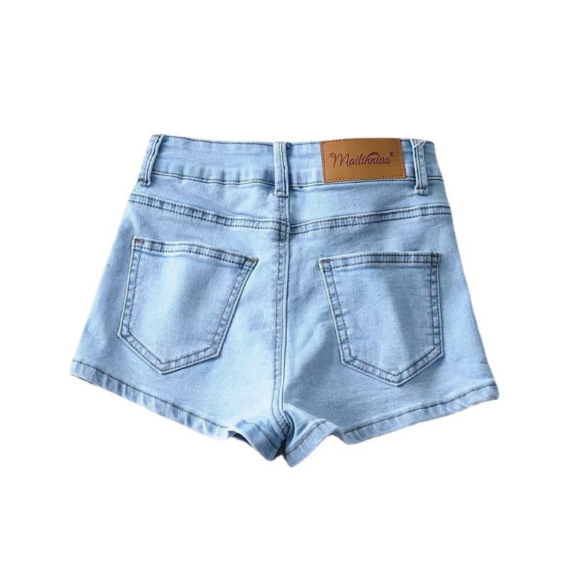 Höga Elastiska Jeansshorts Kvinnor Sommar Basic Stil En Knapp Hög Midja Damväska Hip Hot Pants