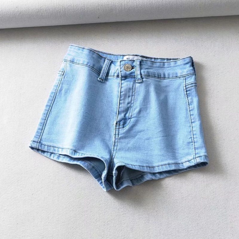 Höga Elastiska Jeansshorts Kvinnor Sommar Basic Stil En Knapp Hög Midja Damväska Hip Hot Pants