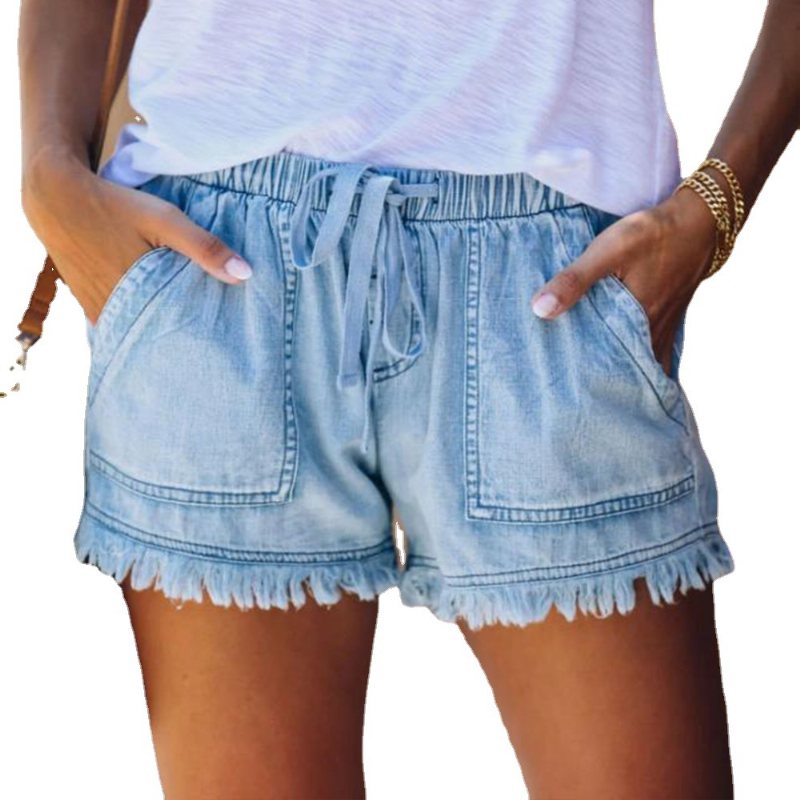 Jeans Shorts Dam Elastisk Midja Pocket Byxor Casual Hög