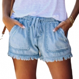 Jeans Shorts Dam Elastisk Midja Pocket Byxor Casual Hög