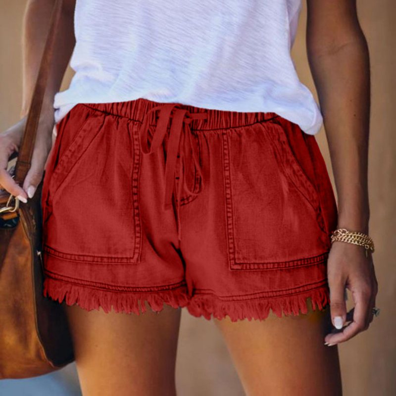 Jeans Shorts Dam Elastisk Midja Pocket Byxor Casual Hög