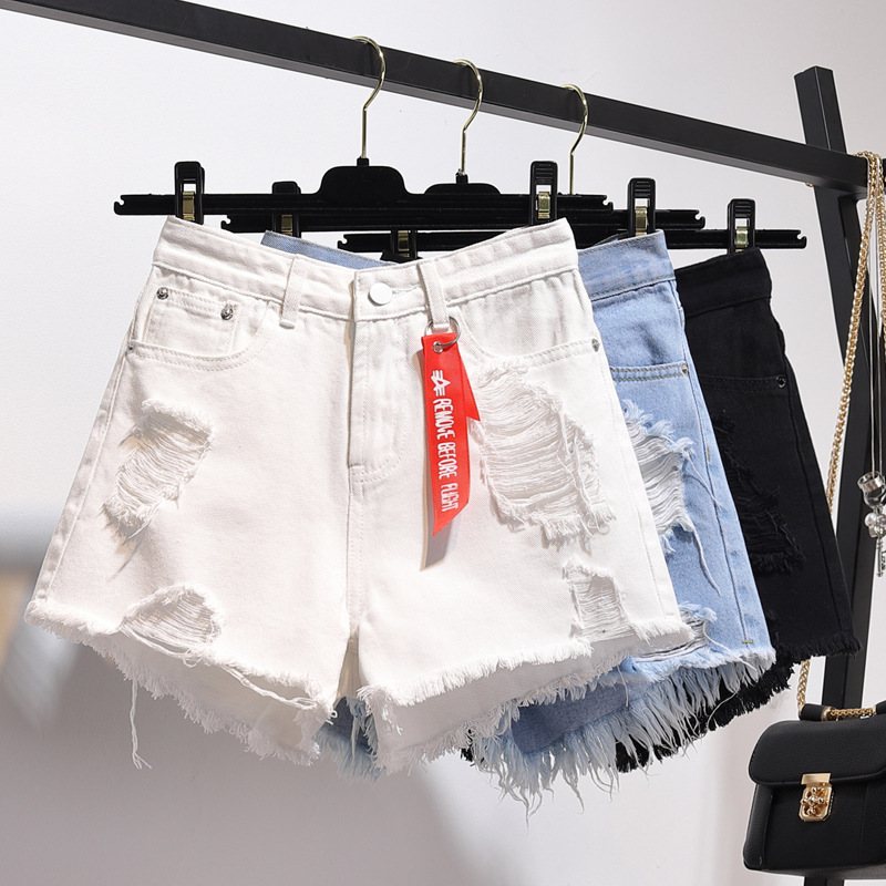 Jeansshorts Dam Hög Midja Lösa Hål Breda Ben