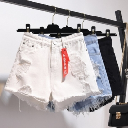 Jeansshorts Dam Hög Midja Lösa Hål Breda Ben