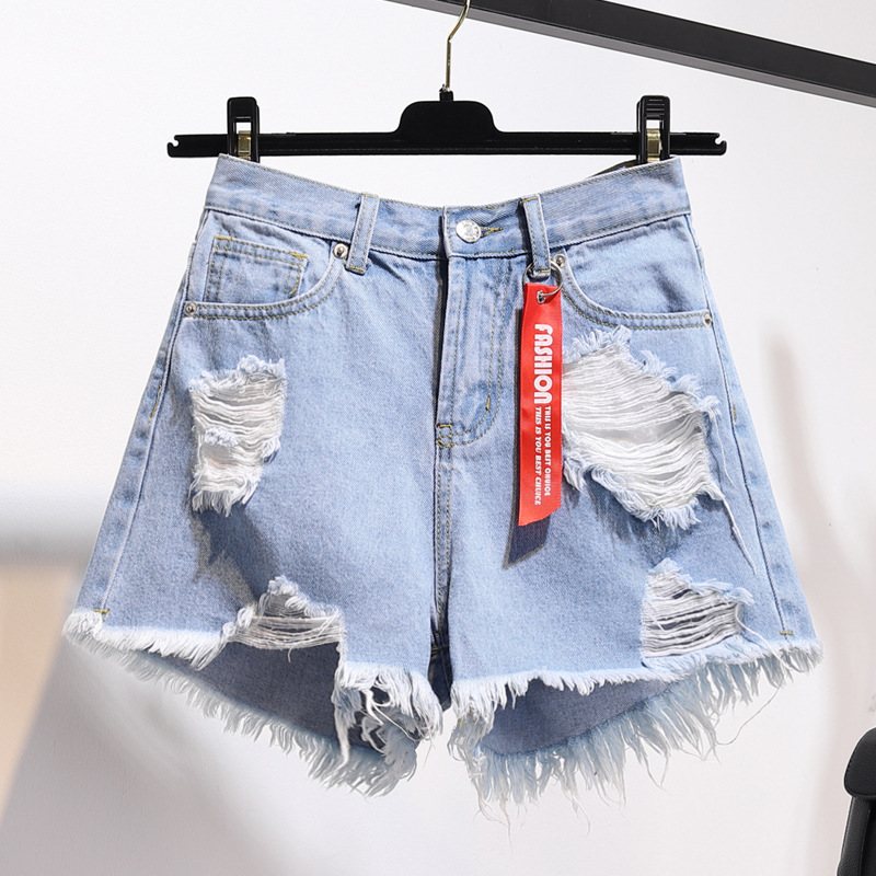 Jeansshorts Dam Hög Midja Lösa Hål Breda Ben