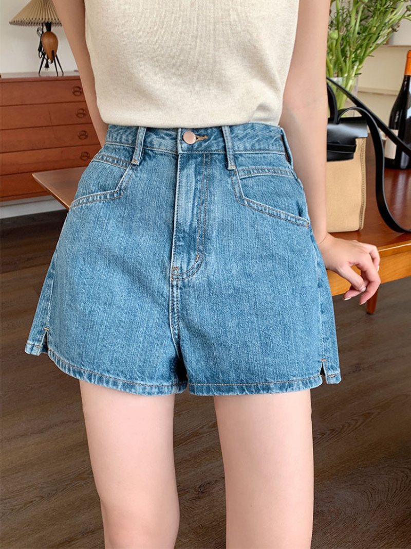 Jeansshorts Dam Sommar Nya Slits Hot Pants Hög Midja Tunna A-linje Byxor Med Vida Ben