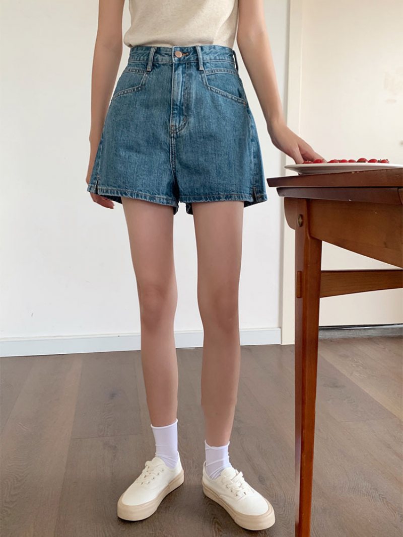 Jeansshorts Dam Sommar Nya Slits Hot Pants Hög Midja Tunna A-linje Byxor Med Vida Ben