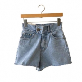 Jeansshorts För Kvinnor Blå Hög Midja En Knapp