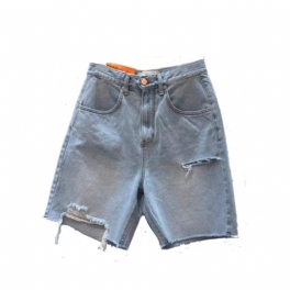 Jeansshorts För Kvinnor Slitna Hög Midja Rak