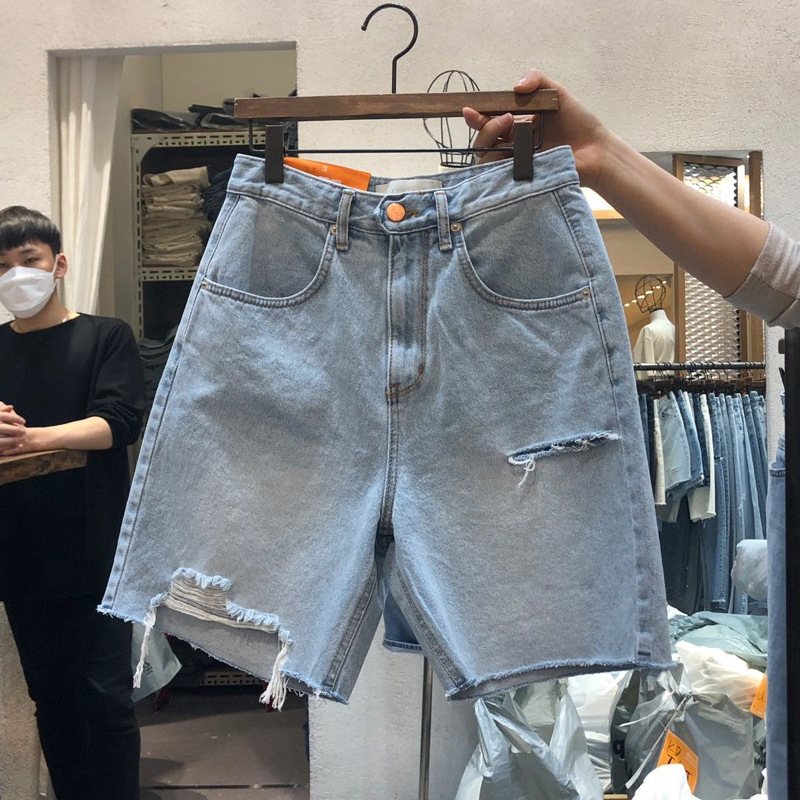 Jeansshorts För Kvinnor Slitna Hög Midja Rak