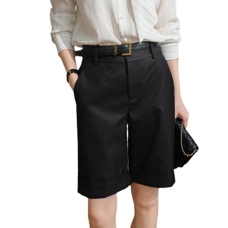 Shorts Dam Hög Midja Rak Kaki Casual Cropped Byxor