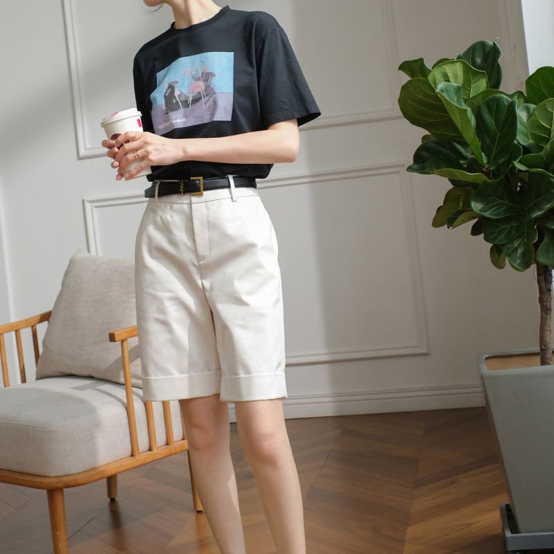 Shorts Dam Hög Midja Rak Kaki Casual Cropped Byxor