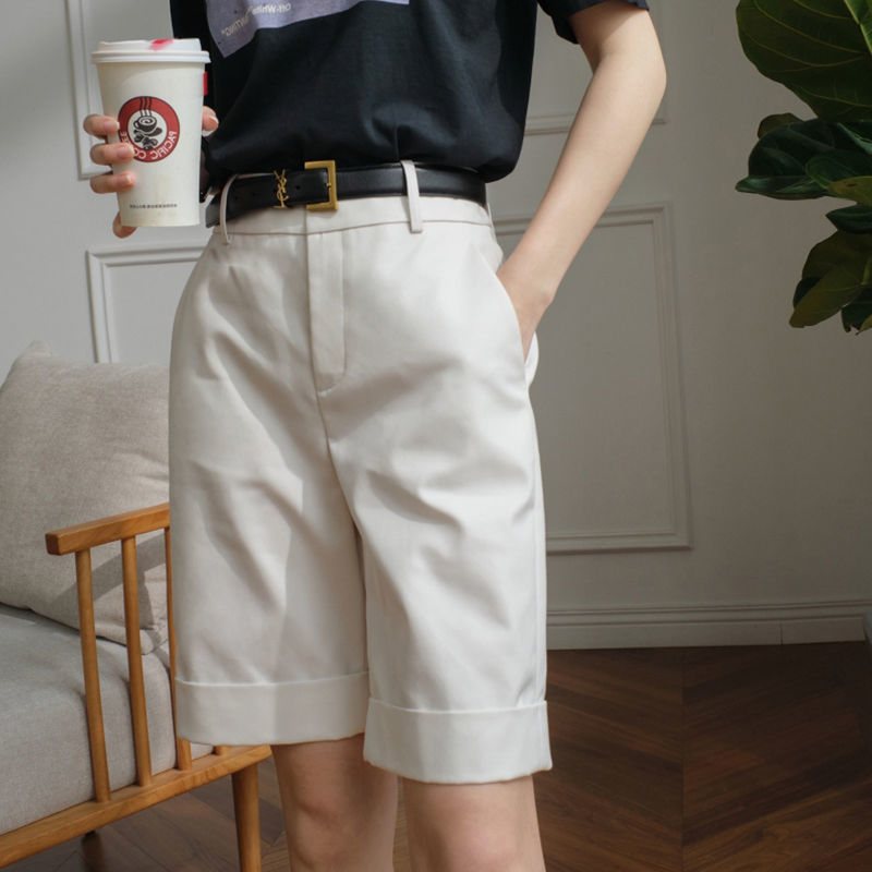 Shorts Dam Hög Midja Rak Kaki Casual Cropped Byxor