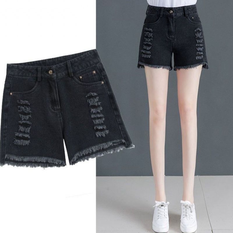 Svarta Jeansshorts Med Hög Midja Dam Lös Casual Ripped Tunn Sektion