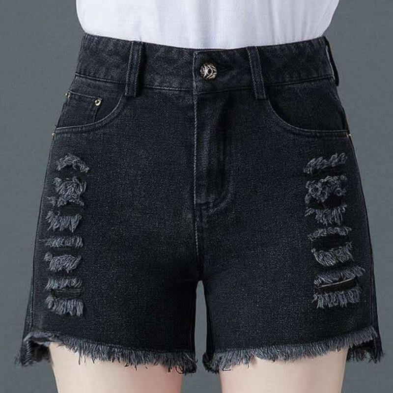 Svarta Jeansshorts Med Hög Midja Dam Lös Casual Ripped Tunn Sektion