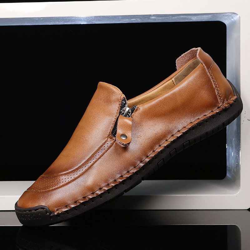 2024 Plus Size Casual Doudou Skor Handgjorda Riktiga Sidodragkedja Herr Business Klänning Loafers