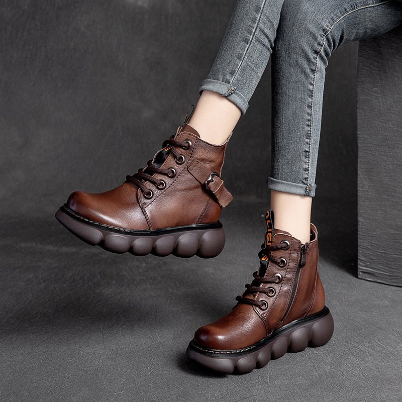 Retro Casual Martin Boots Bältesspänne Dekorerade Enkla Stövlar Kohud Tjocksulade Muffin Damskor Korta