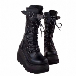 Wedge Knight Boots Dam 2024 Nya Stor Storlek Punk Snygga Tjocksulade Mid-tube Damstövlar