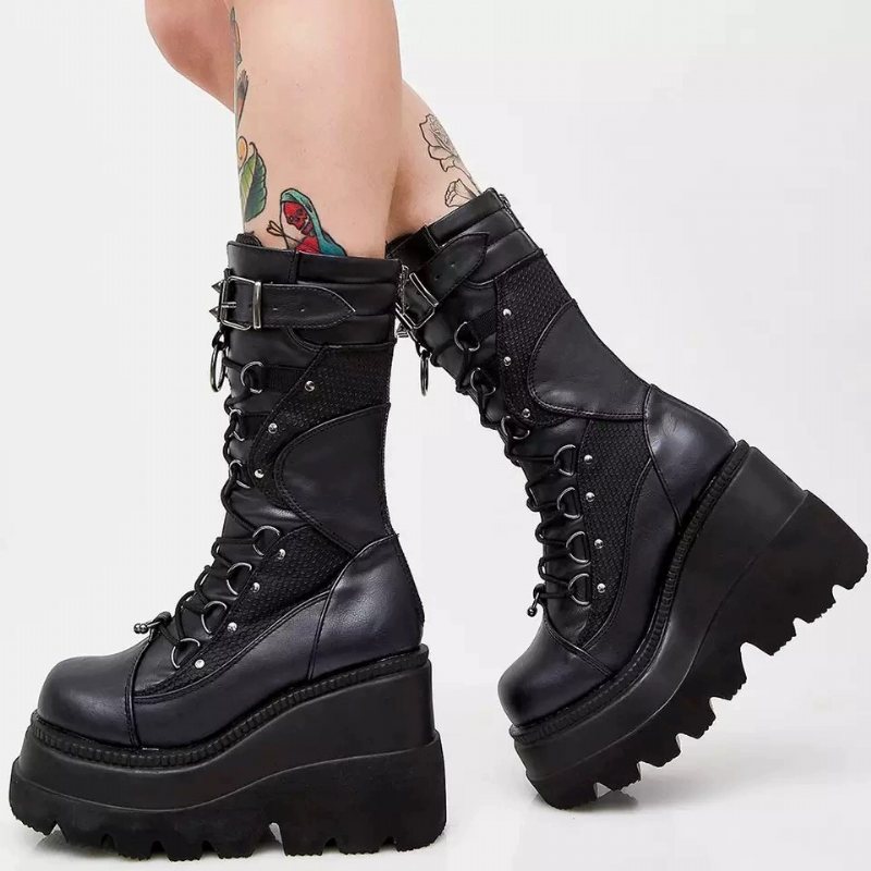 Wedge Knight Boots Dam 2024 Nya Stor Storlek Punk Snygga Tjocksulade Mid-tube Damstövlar