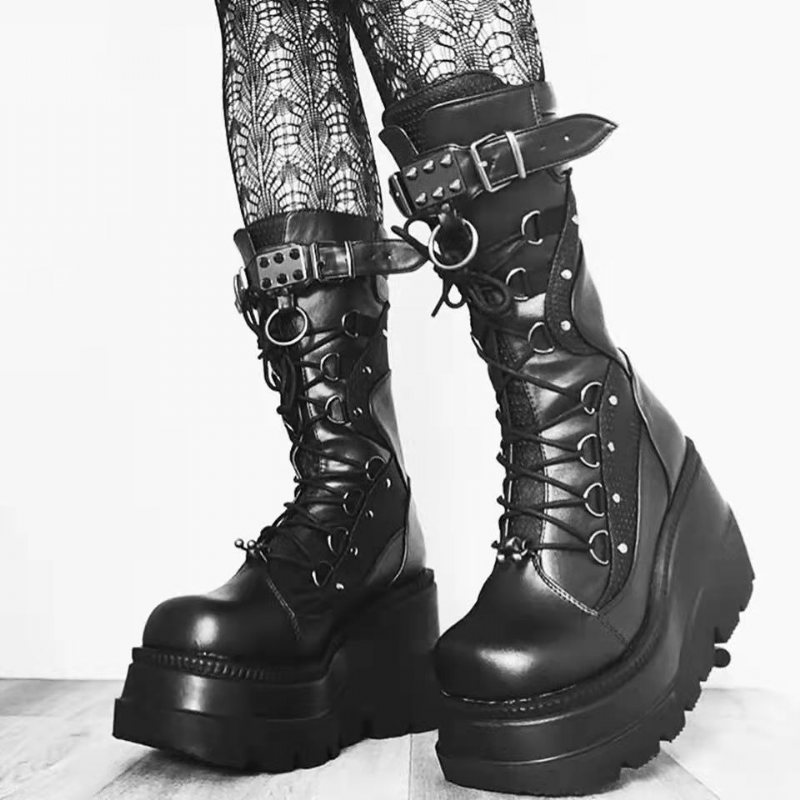 Wedge Knight Boots Dam 2024 Nya Stor Storlek Punk Snygga Tjocksulade Mid-tube Damstövlar