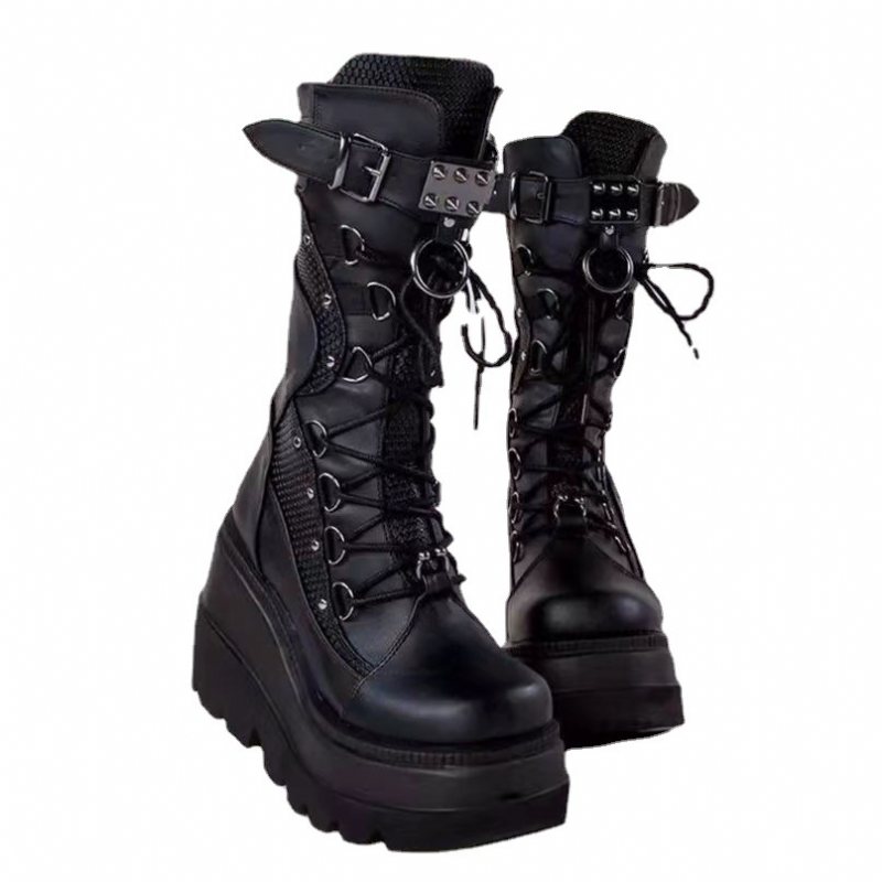 Wedge Knight Boots Dam 2024 Nya Stor Storlek Punk Snygga Tjocksulade Mid-tube Damstövlar