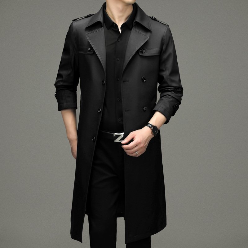 Herr Lång Trenchcoat Kostym Krage Lös Business Casual Kappa Dubbelknäppt Trend