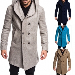 Män Mode Lång Trench Coat Fleece Huva Ytterjacka