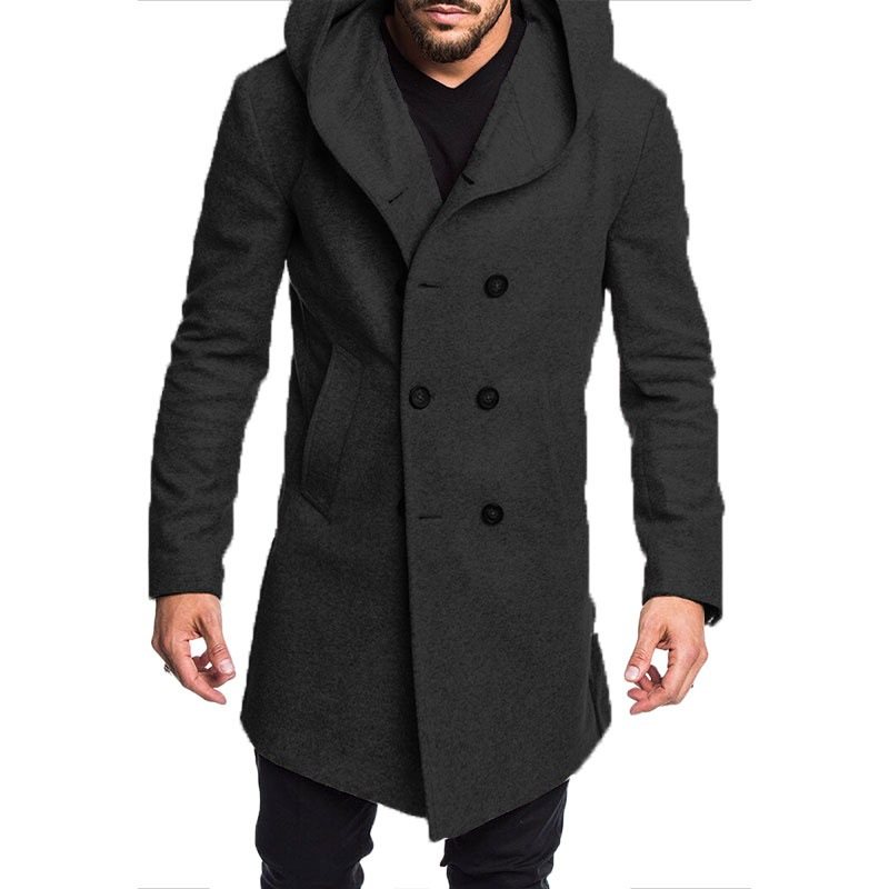 Män Mode Lång Trench Coat Fleece Huva Ytterjacka