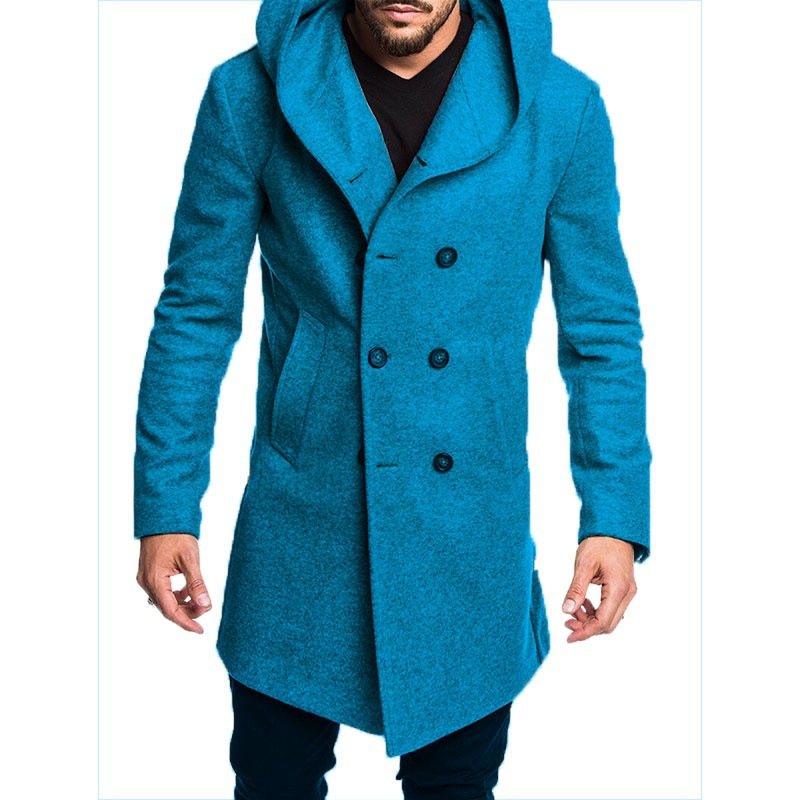 Män Mode Lång Trench Coat Fleece Huva Ytterjacka