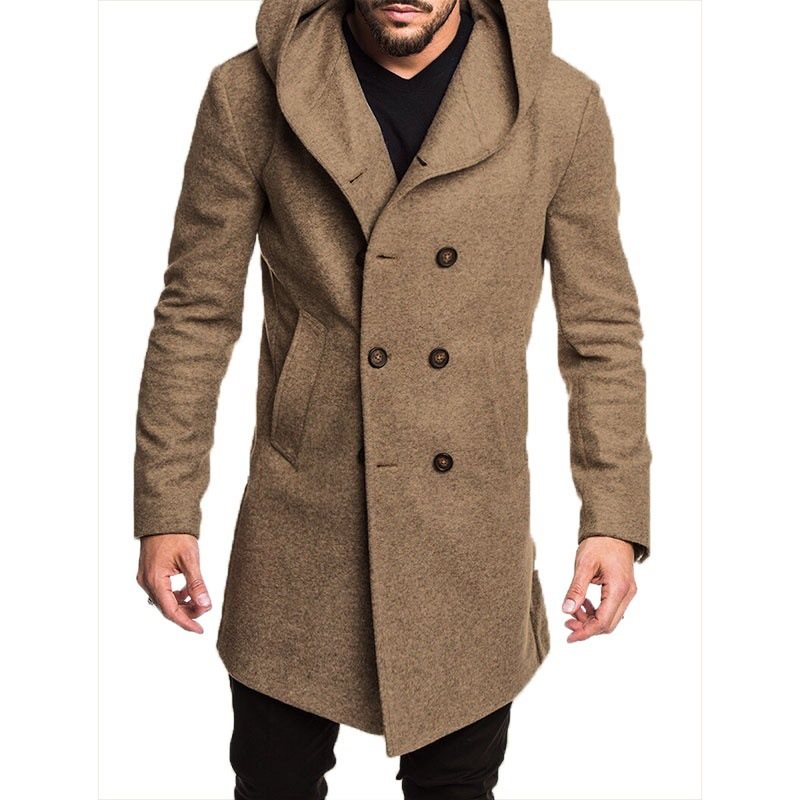 Män Mode Lång Trench Coat Fleece Huva Ytterjacka