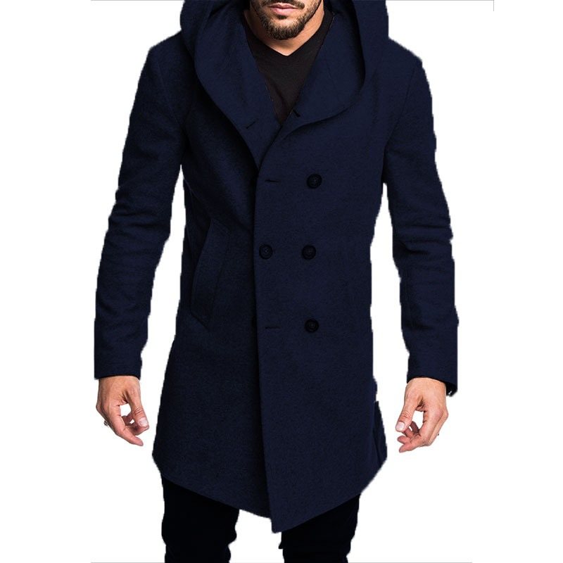 Män Mode Lång Trench Coat Fleece Huva Ytterjacka