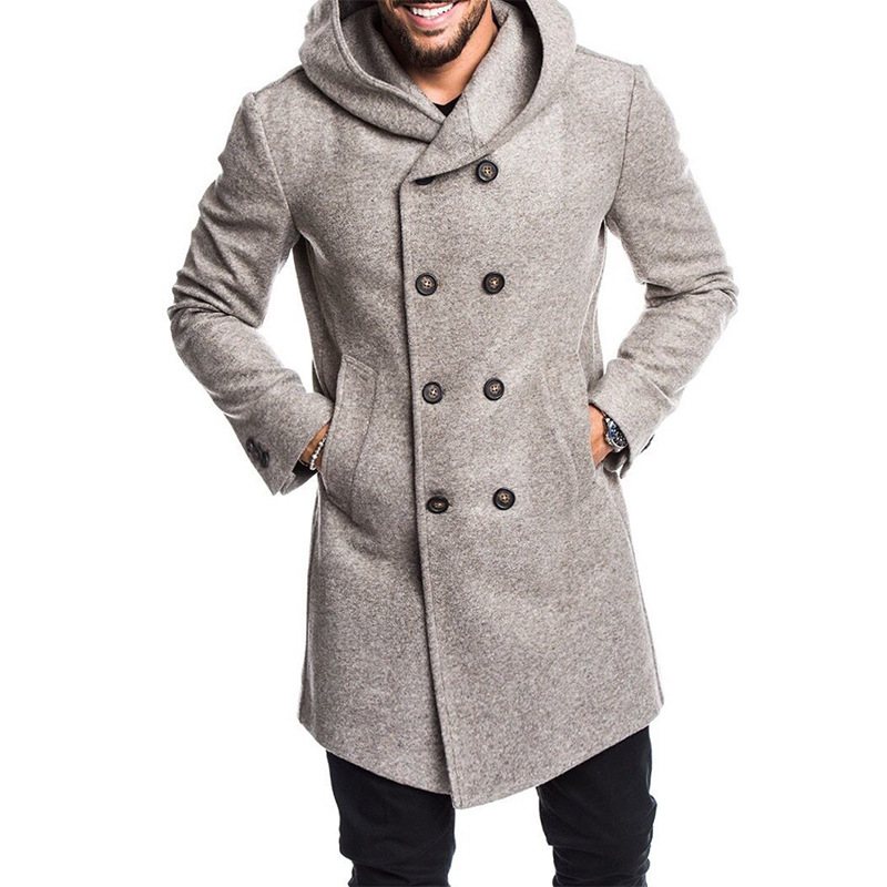 Män Mode Lång Trench Coat Fleece Huva Ytterjacka