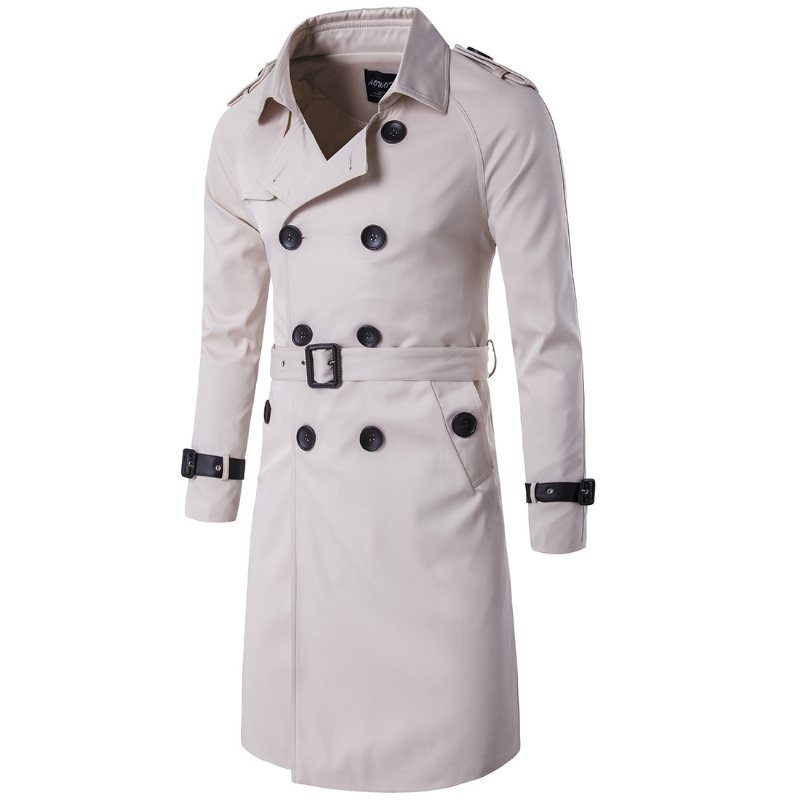 Trenchcoat För Män Lång Slim Dubbelknäppt Trench Coat Med Lapelkrage