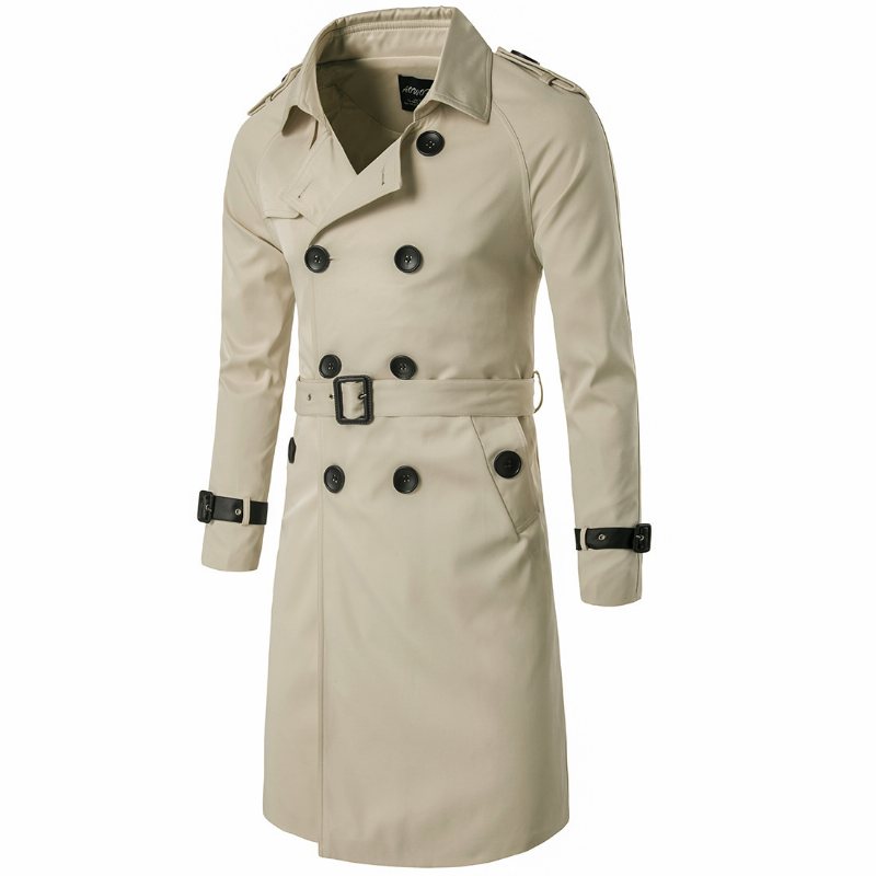 Trenchcoat För Män Lång Slim Dubbelknäppt Trench Coat Med Lapelkrage