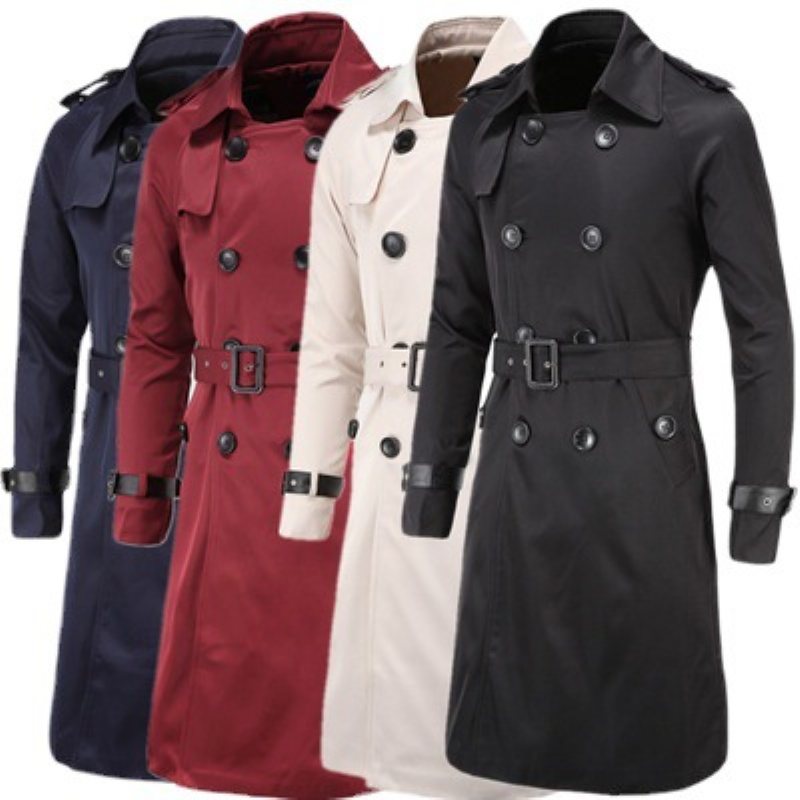 Trenchcoat För Män Lång Slim Dubbelknäppt Trench Coat Med Lapelkrage