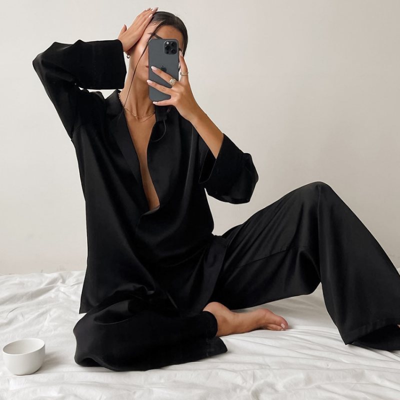 Damloungewear Långärmad Kostym Skjorta Tunna Byxor Tvådelat Set