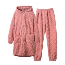 Dampyjamas Flanell Tjock Lång Jacquard Hooded Loungewear Set