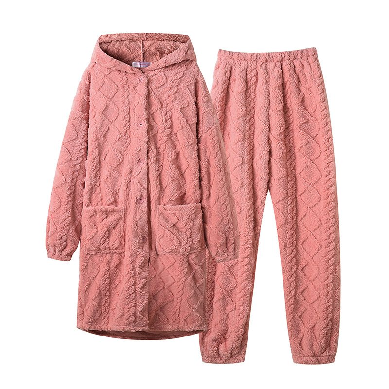 Dampyjamas Flanell Tjock Lång Jacquard Hooded Loungewear Set