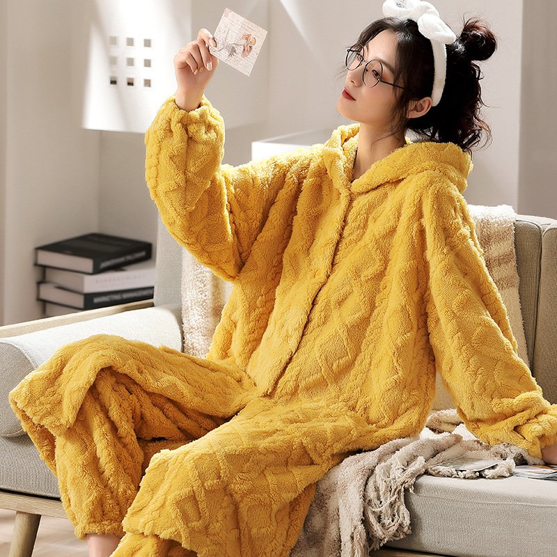 Dampyjamas Flanell Tjock Lång Jacquard Hooded Loungewear Set