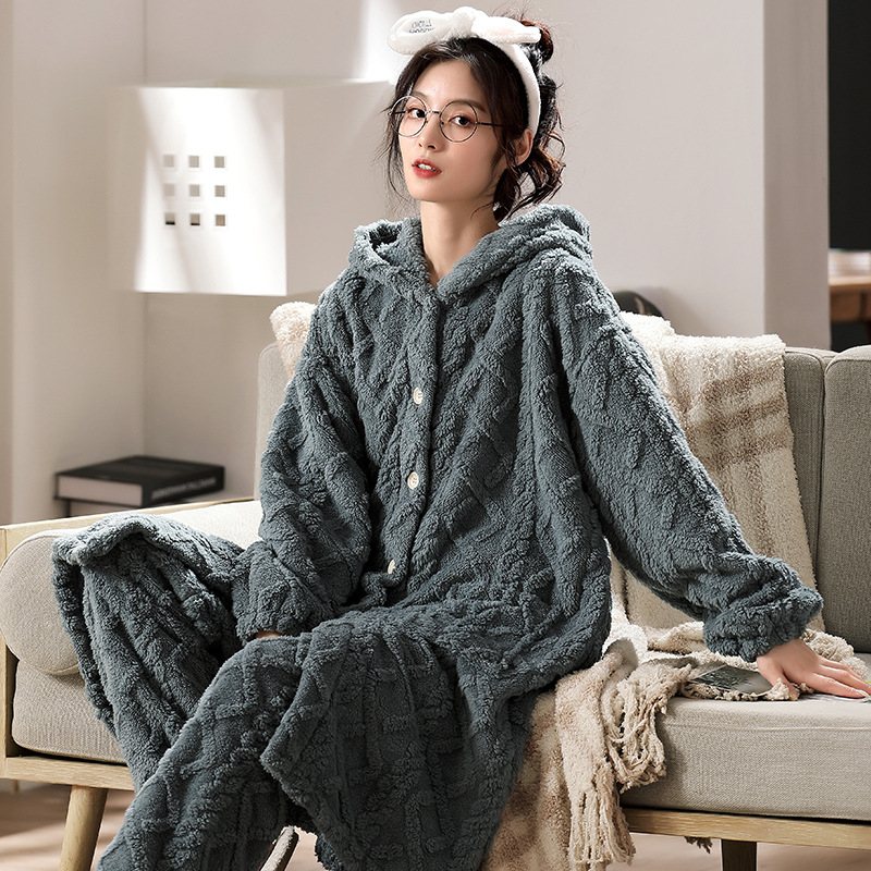 Dampyjamas Flanell Tjock Lång Jacquard Hooded Loungewear Set