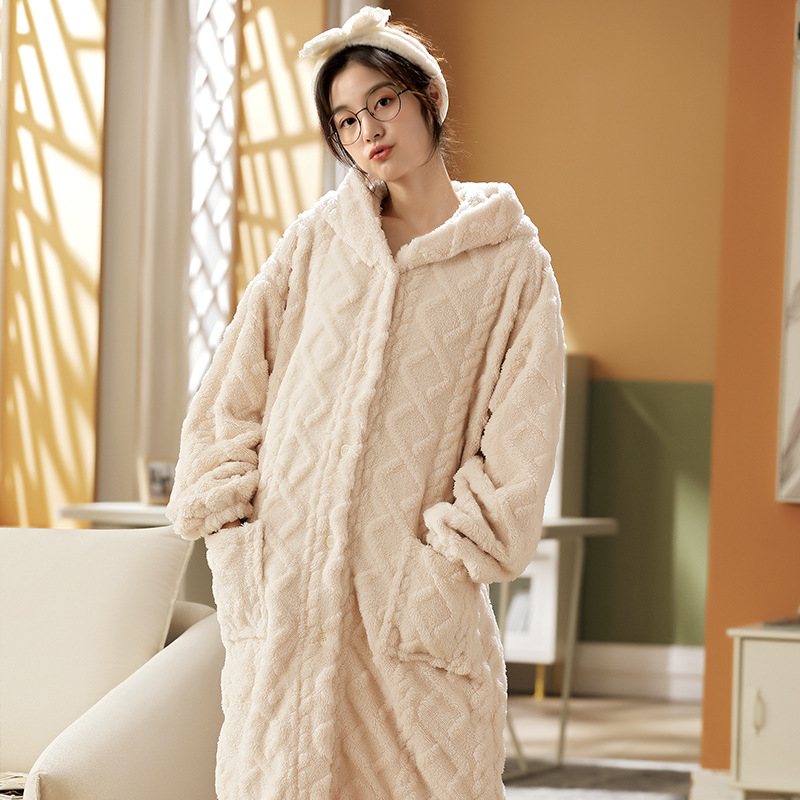 Dampyjamas Flanell Tjock Lång Jacquard Hooded Loungewear Set