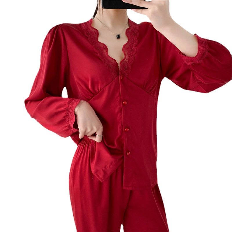 Dampyjamas Långärmade Byxor Enfärgade Spetskanter Silk Loungewear Kostymer