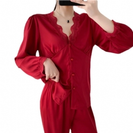 Dampyjamas Långärmade Byxor Enfärgade Spetskanter Silk Loungewear Kostymer