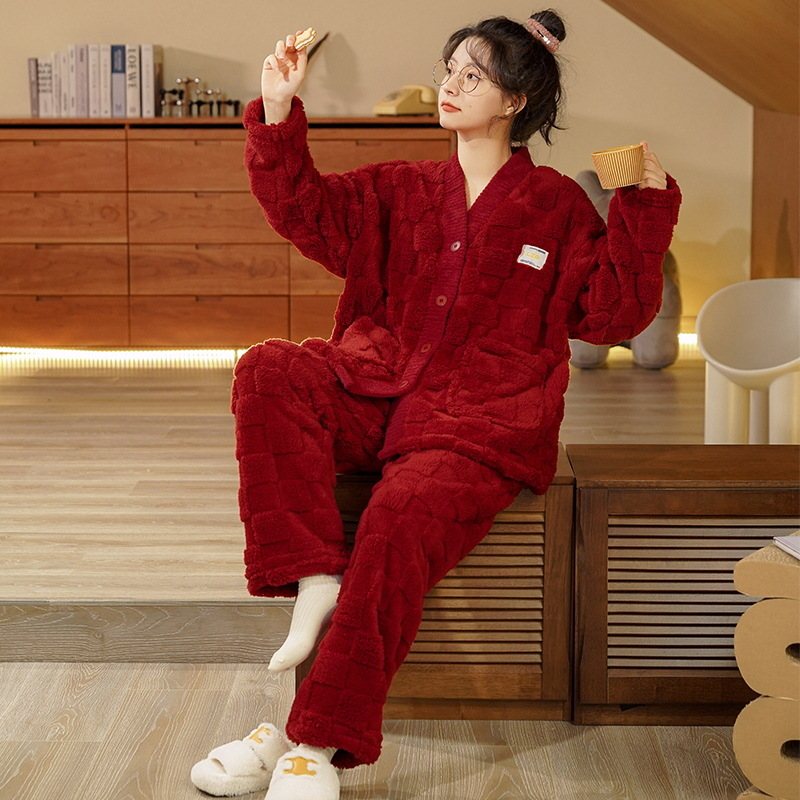 Dampyjamas Tjock Flanell Loungewear Röd