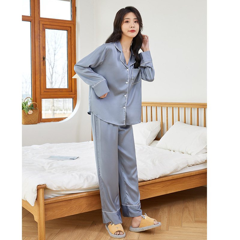 Lösa Dampyjamas Satin Chiffong Långärmade Byxor Loungewear Enfärgad