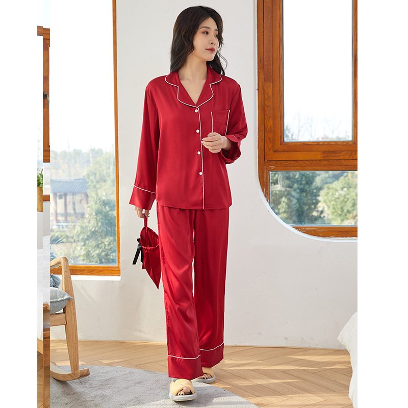 Lösa Dampyjamas Satin Chiffong Långärmade Byxor Loungewear Enfärgad