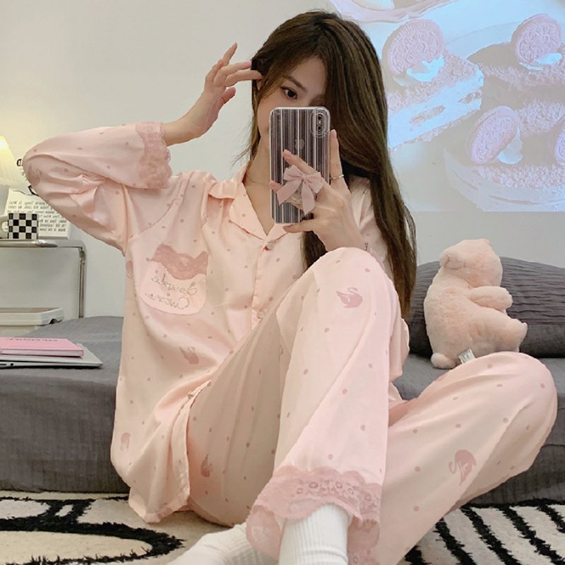 Pyjamas För Kvinnor Mjuk Söt Spets Mysiga Loungewear-set