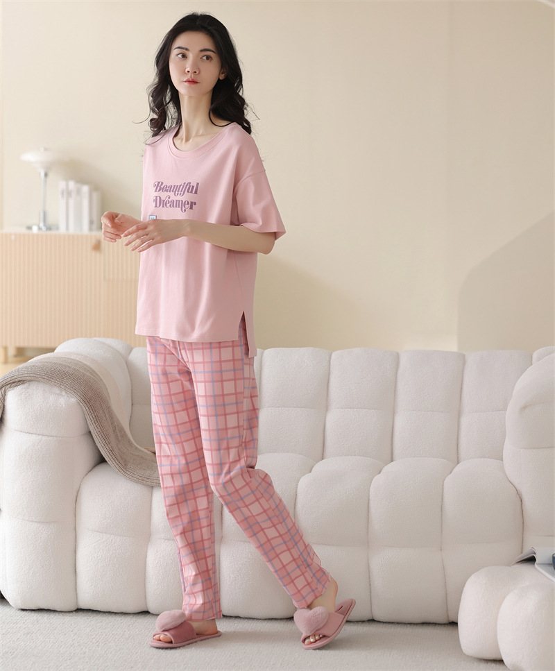 Pyjamas I Ren Bomull Dam Rosa Rutiga Byxor Dam Loungewear Kortärmade Byxdressar